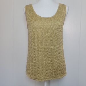 Cache Gold Metallic Yarn Sleeveless Top Rayon Cable Knit 90s Y2K Evening Glam SM